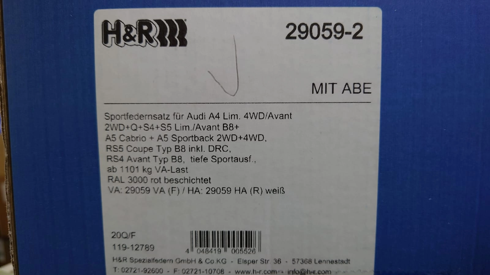 H&R 29059-2 Пружины с занижением Audi A4, A5, S4, S5, RS4, RS5 (B8)