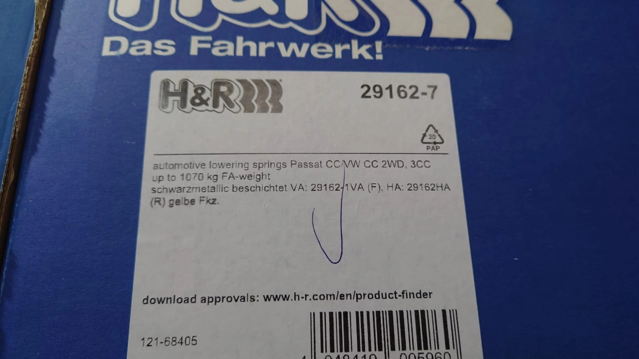 H&R 29162-7 Пружины с занижением VW Passat CC