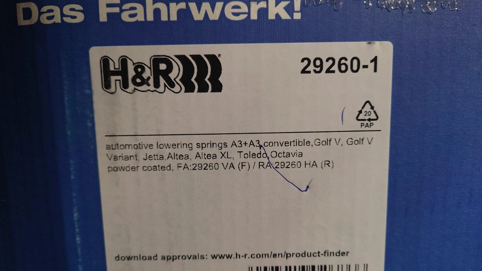 H&R 29260-1 Пружины с занижением Skoda Octavia A5 RS, VW Golf 5, AUDI A3(8P)