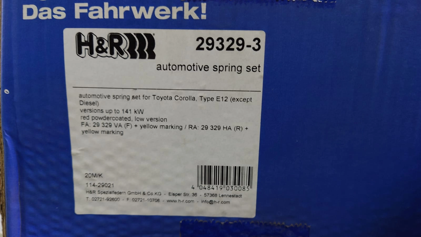 H&R 29329-3 Пружины с занижением Toyota Corolla E12