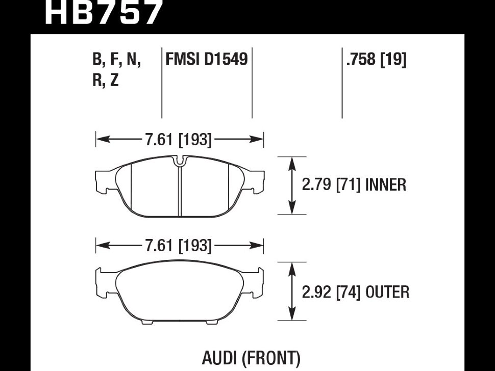 Колодки тормозные HB757B.758 HAWK Street 5.0 перед Audi A6 4G2, C7, 4GC; A7 4GA, 4GF; Allroad 4GH;